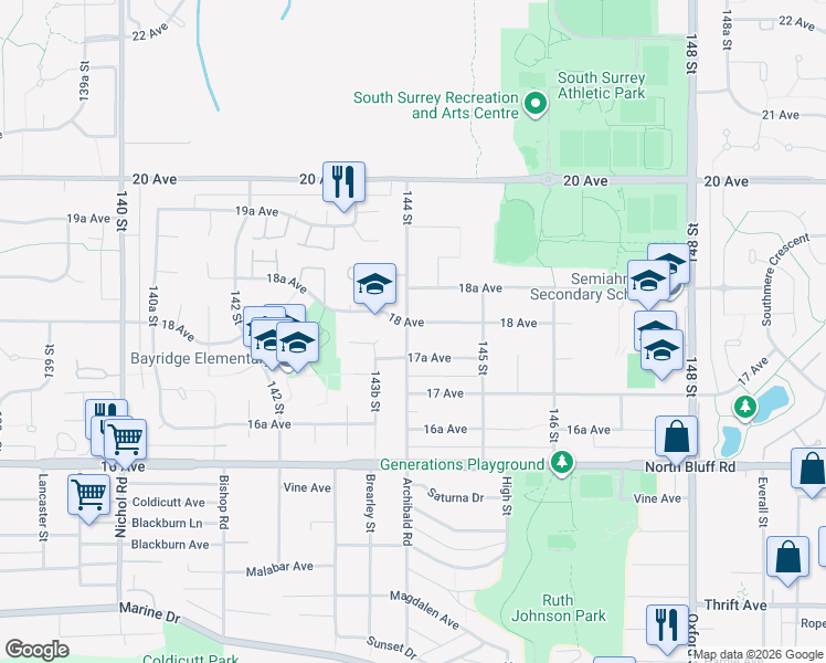 map of restaurants, bars, coffee shops, grocery stores, and more near 14404 18 Avenue in Surrey