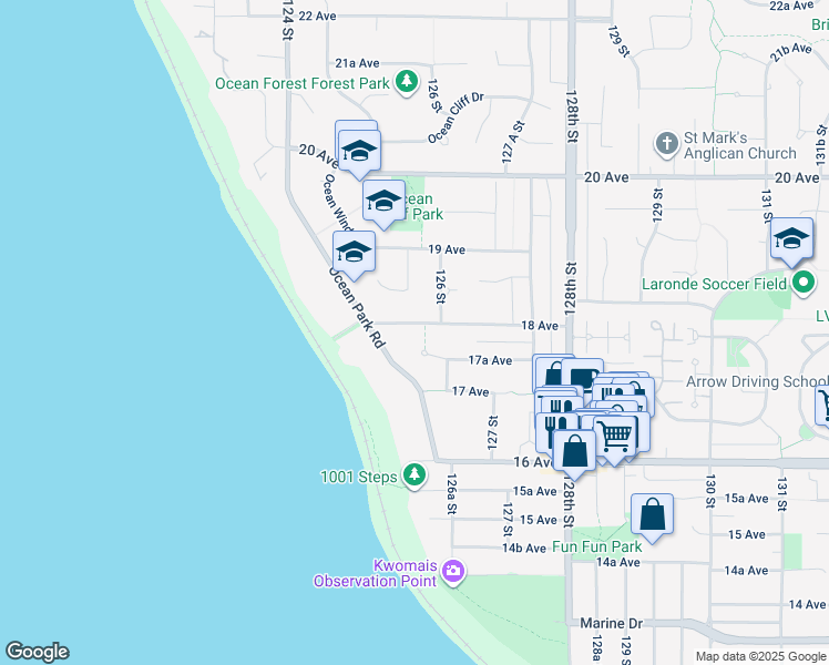 map of restaurants, bars, coffee shops, grocery stores, and more near 12576 18 Avenue in Surrey