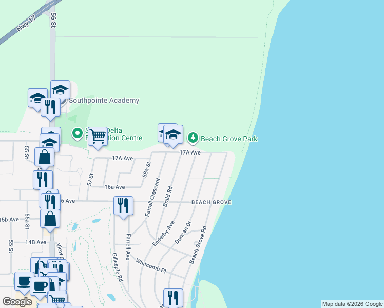 map of restaurants, bars, coffee shops, grocery stores, and more near 1745 Enderby Avenue in Delta