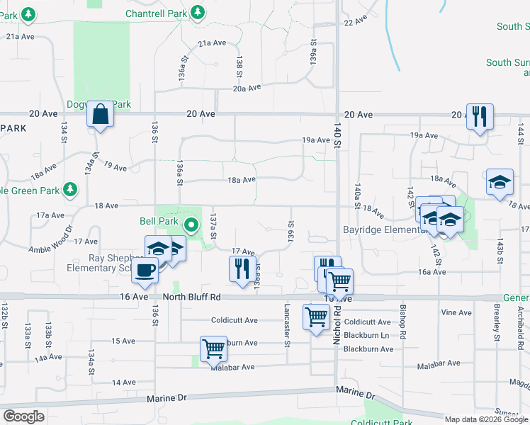 map of restaurants, bars, coffee shops, grocery stores, and more near 13846 18 Avenue in Surrey