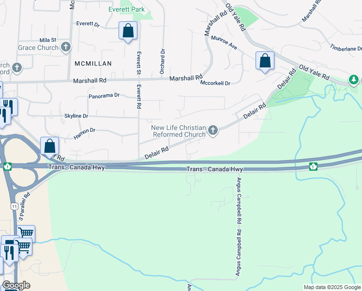 map of restaurants, bars, coffee shops, grocery stores, and more near 35180 Delair Road in Abbotsford