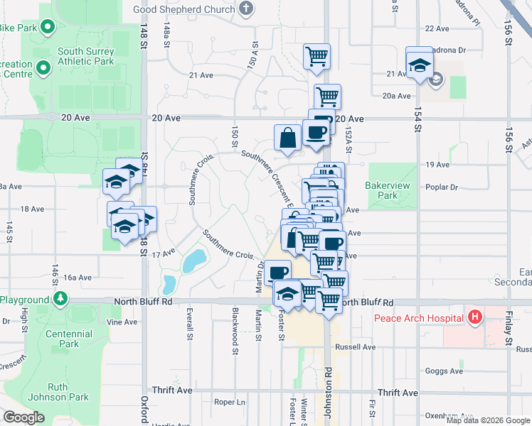 map of restaurants, bars, coffee shops, grocery stores, and more near 1765 Martin Drive in Surrey