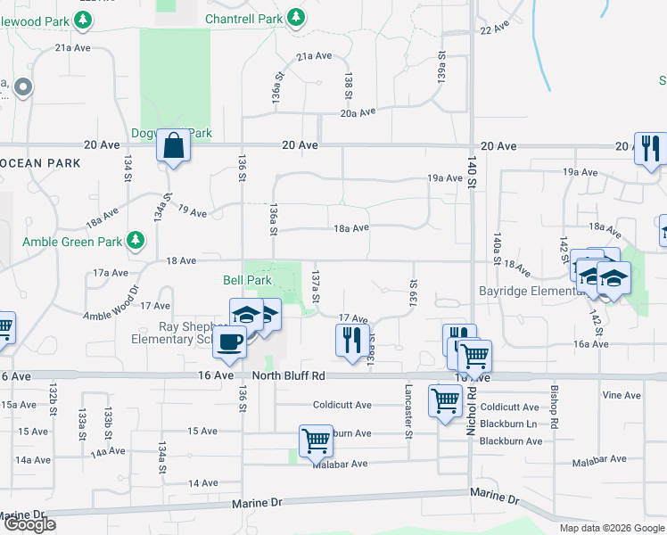 map of restaurants, bars, coffee shops, grocery stores, and more near 13756 18 Avenue in Surrey