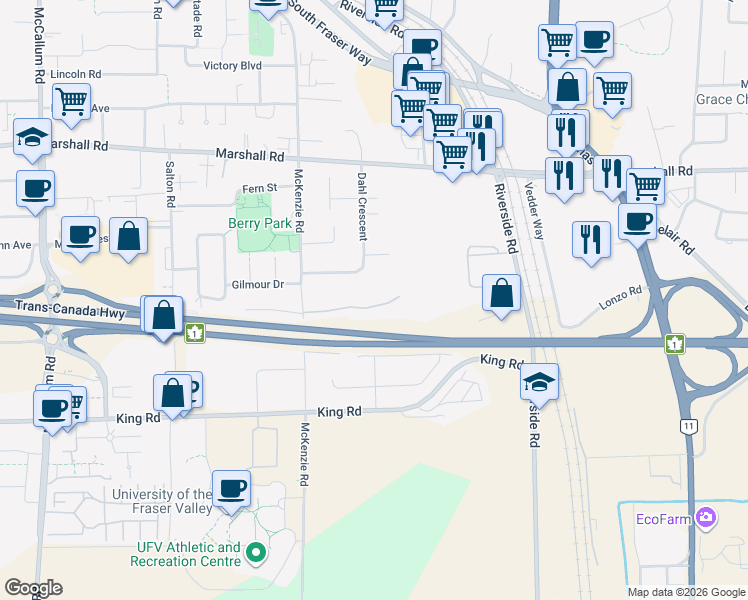 map of restaurants, bars, coffee shops, grocery stores, and more near 34158 Heather Drive in Abbotsford