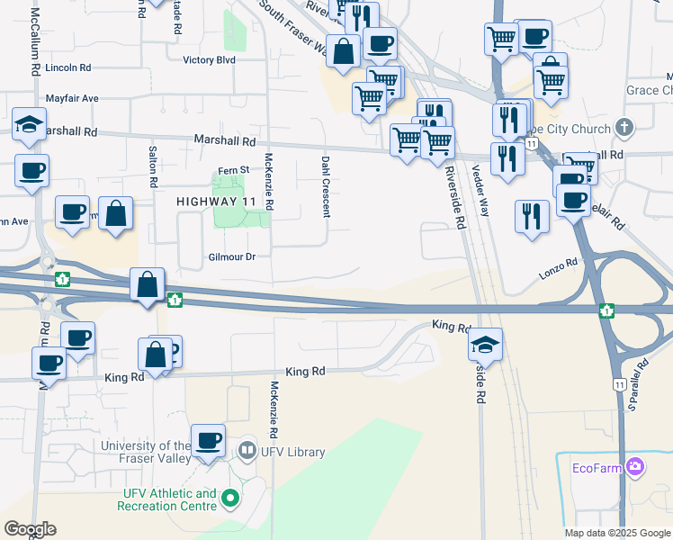 map of restaurants, bars, coffee shops, grocery stores, and more near 1750 McKenzie Road in Abbotsford