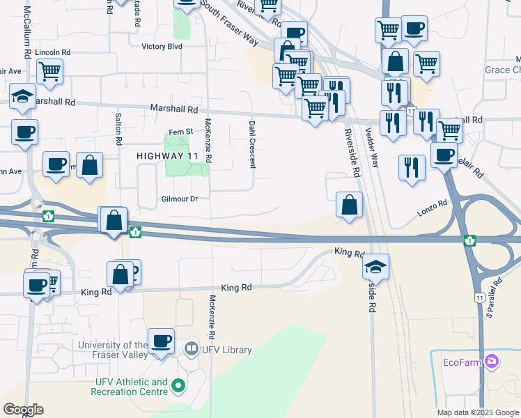 map of restaurants, bars, coffee shops, grocery stores, and more near 34158 Heather Drive in Abbotsford