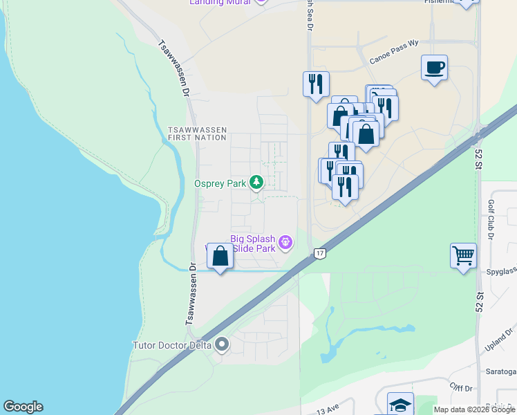 map of restaurants, bars, coffee shops, grocery stores, and more near 4690 Hawk Lane in Delta