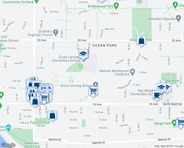 map of restaurants, bars, coffee shops, grocery stores, and more near 1795 Amble Greene Drive in Surrey