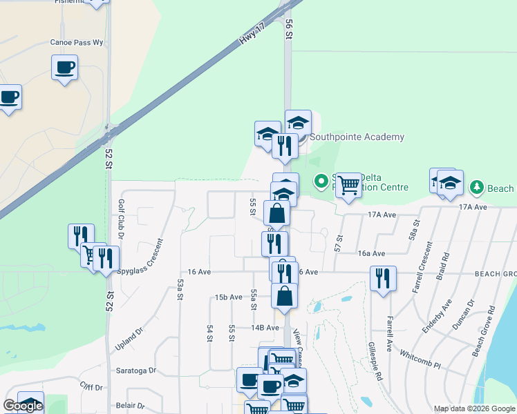 map of restaurants, bars, coffee shops, grocery stores, and more near 1772 55 Street in Delta