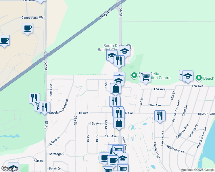 map of restaurants, bars, coffee shops, grocery stores, and more near 1752 55 Street in Delta