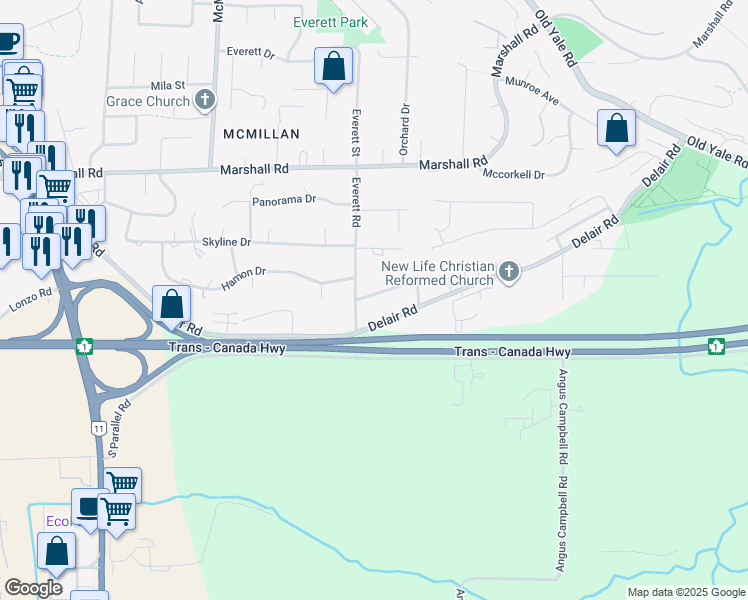 map of restaurants, bars, coffee shops, grocery stores, and more near 35068 Spencer Street in Abbotsford