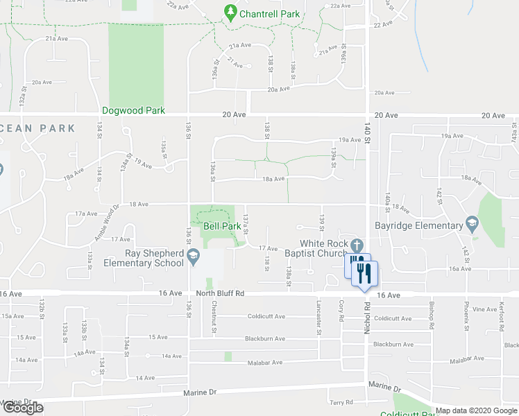 map of restaurants, bars, coffee shops, grocery stores, and more near 13756 18 Avenue in Surrey