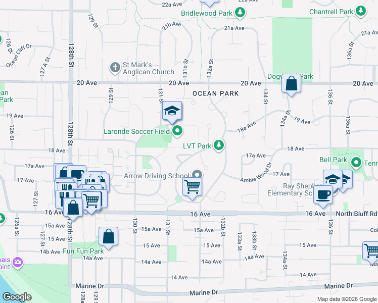 map of restaurants, bars, coffee shops, grocery stores, and more near 1795 Amble Greene Drive in Surrey