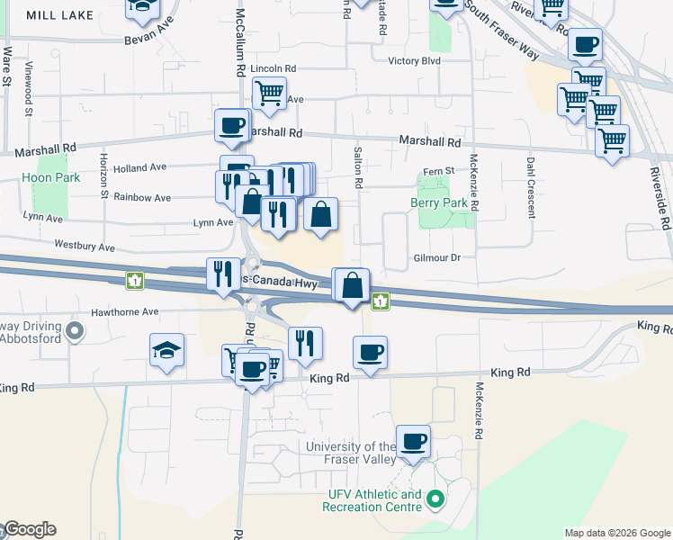 map of restaurants, bars, coffee shops, grocery stores, and more near 1811 Salton Road in Abbotsford
