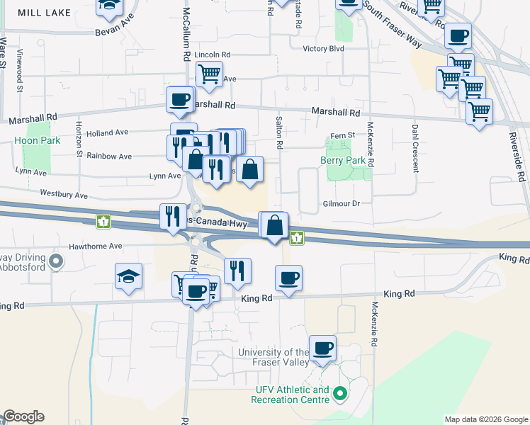 map of restaurants, bars, coffee shops, grocery stores, and more near 1811 Salton Road in Abbotsford
