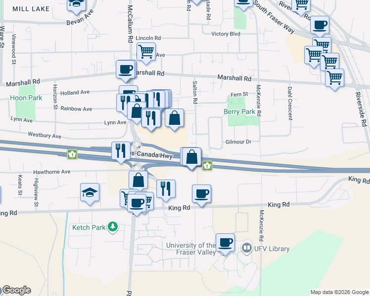 map of restaurants, bars, coffee shops, grocery stores, and more near 1755 Salton Road in Abbotsford