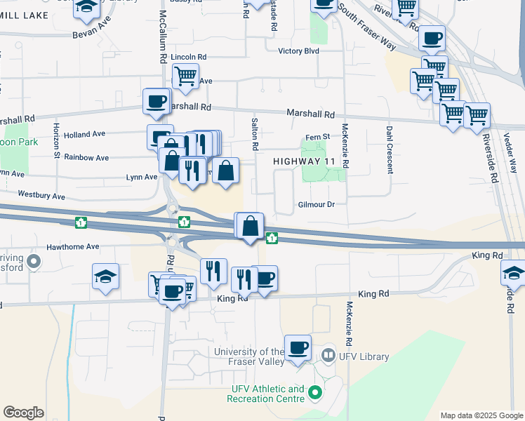 map of restaurants, bars, coffee shops, grocery stores, and more near 1780 Salton Road in Abbotsford