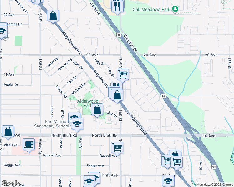 map of restaurants, bars, coffee shops, grocery stores, and more near 1800 King George Boulevard in Surrey