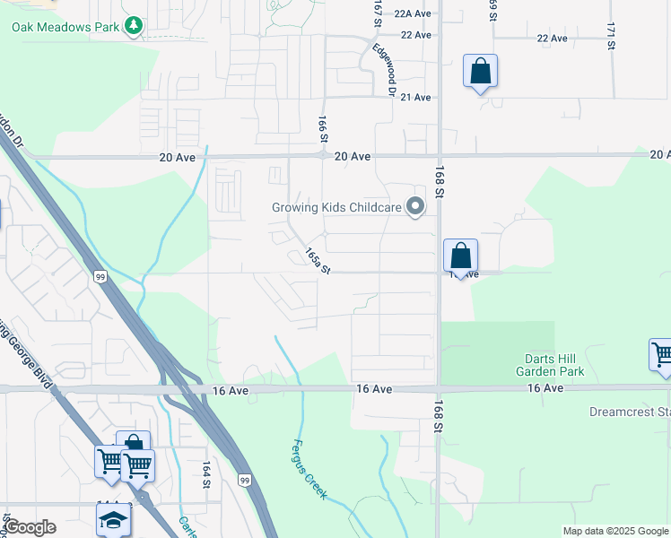map of restaurants, bars, coffee shops, grocery stores, and more near 16621 18 Avenue in Surrey