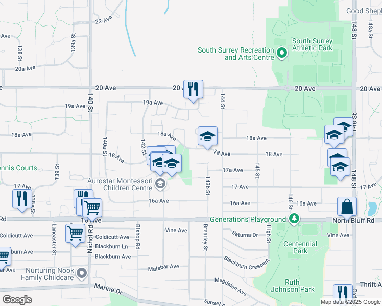 map of restaurants, bars, coffee shops, grocery stores, and more near 14304 18 Avenue in Surrey