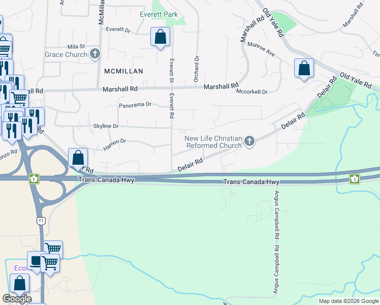 map of restaurants, bars, coffee shops, grocery stores, and more near 35104 Spencer Street in Abbotsford