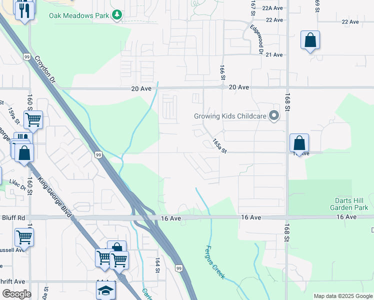 map of restaurants, bars, coffee shops, grocery stores, and more near 16485 18 Avenue in Surrey