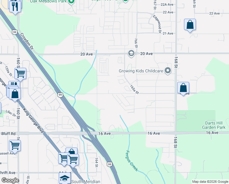 map of restaurants, bars, coffee shops, grocery stores, and more near 16485 18 Avenue in Surrey