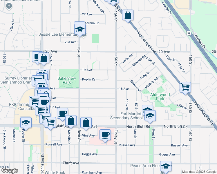 map of restaurants, bars, coffee shops, grocery stores, and more near 15557 18 Avenue in Surrey