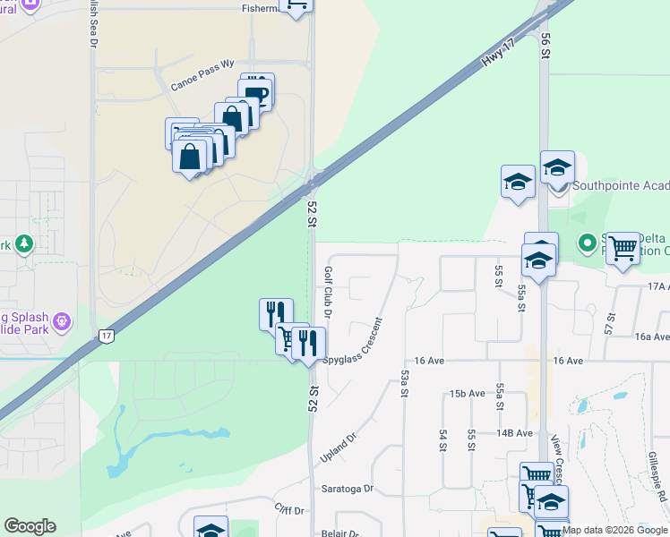 map of restaurants, bars, coffee shops, grocery stores, and more near 1786 Golf Club Drive in Delta