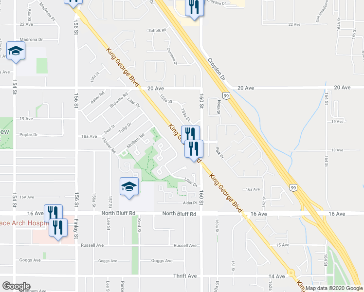 map of restaurants, bars, coffee shops, grocery stores, and more near 1835 King George Boulevard in Surrey