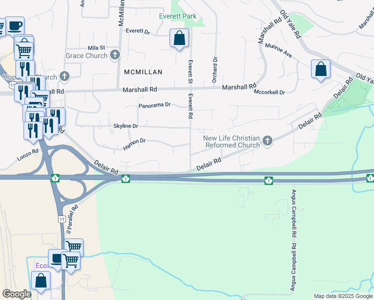 map of restaurants, bars, coffee shops, grocery stores, and more near 1783 Everett Road in Abbotsford