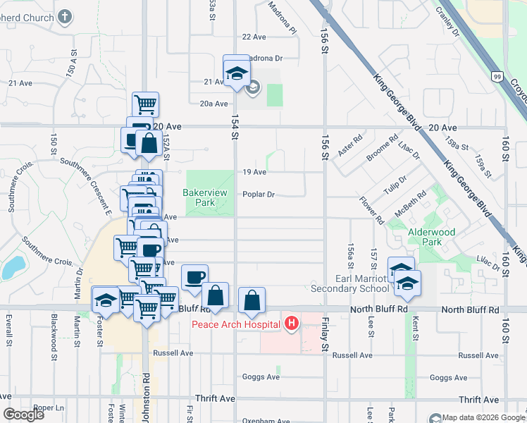 map of restaurants, bars, coffee shops, grocery stores, and more near 15441 18 Avenue in Surrey