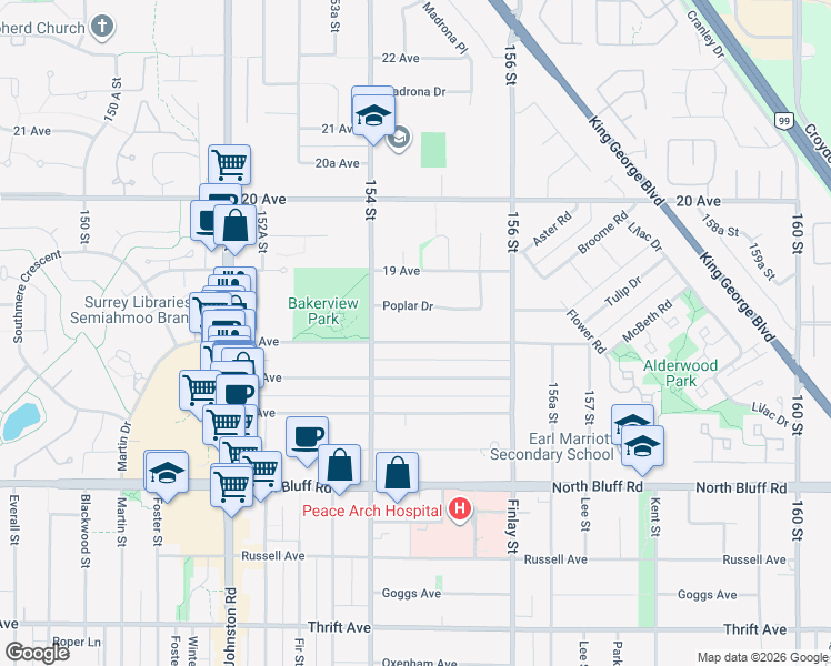 map of restaurants, bars, coffee shops, grocery stores, and more near 15461 18 Avenue in Surrey