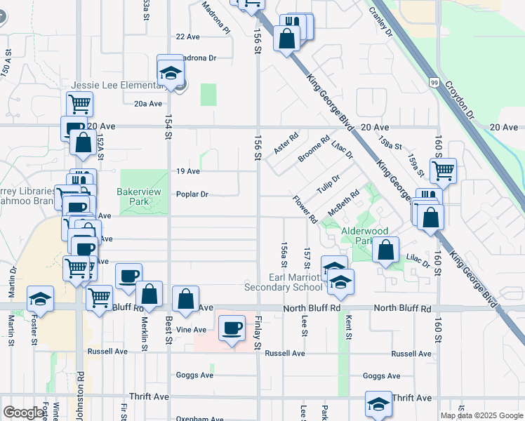 map of restaurants, bars, coffee shops, grocery stores, and more near 1806 156 Street in Surrey