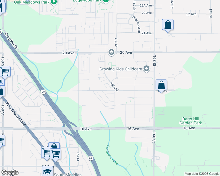 map of restaurants, bars, coffee shops, grocery stores, and more near 1833 165A Street in Surrey