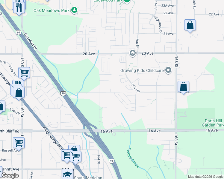 map of restaurants, bars, coffee shops, grocery stores, and more near 16453 18 Avenue in Surrey