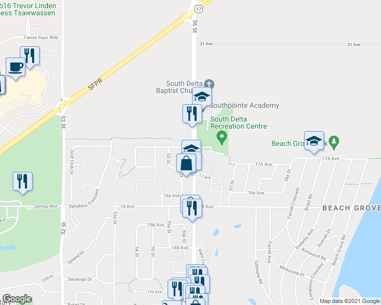 map of restaurants, bars, coffee shops, grocery stores, and more near 206-1777 56 Street in Delta