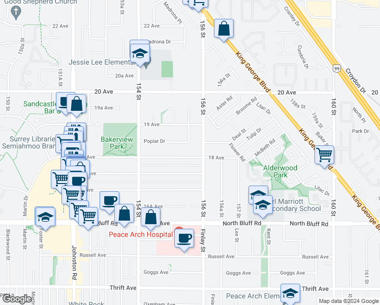 map of restaurants, bars, coffee shops, grocery stores, and more near 15557 18 Avenue in Surrey