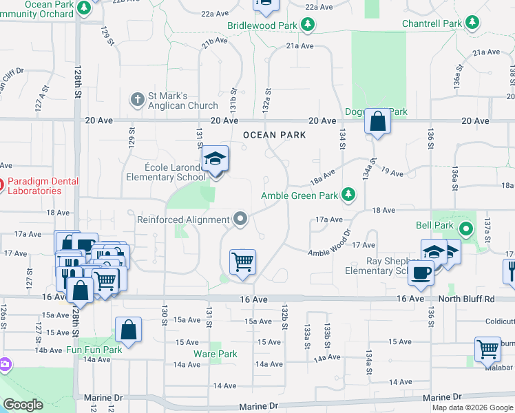 map of restaurants, bars, coffee shops, grocery stores, and more near 1807 Amble Greene Drive in Surrey