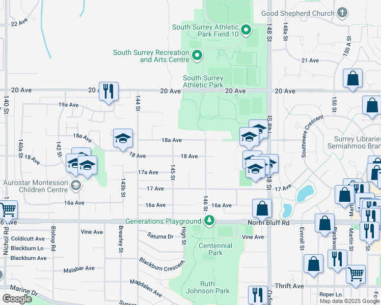 map of restaurants, bars, coffee shops, grocery stores, and more near 14551 18 Avenue in Surrey