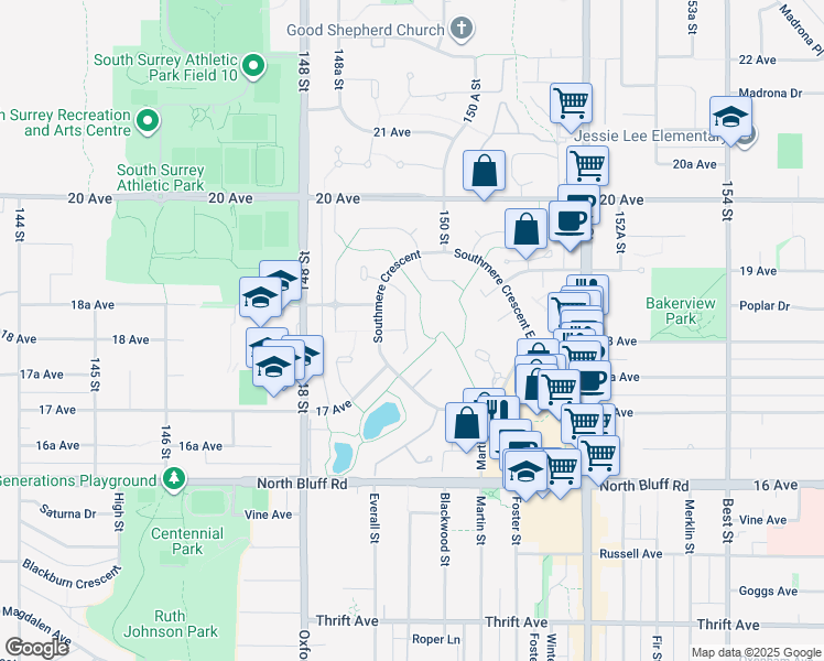 map of restaurants, bars, coffee shops, grocery stores, and more near 1830 Southmere Crescent in Surrey