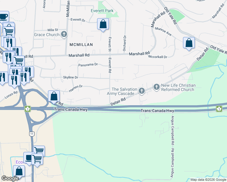 map of restaurants, bars, coffee shops, grocery stores, and more near 35063 Spencer Street in Abbotsford
