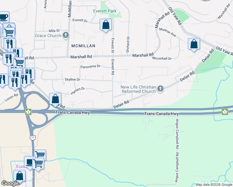 map of restaurants, bars, coffee shops, grocery stores, and more near 35063 Spencer Street in Abbotsford