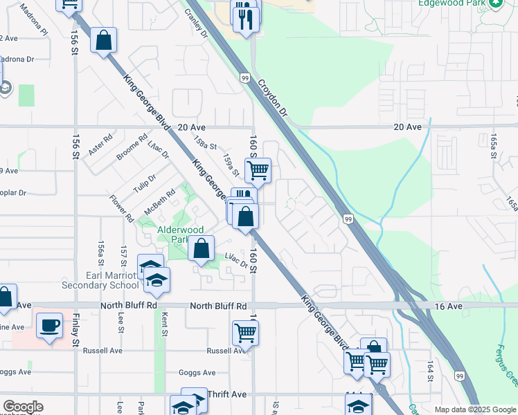 map of restaurants, bars, coffee shops, grocery stores, and more near 1840 160 Street in Surrey