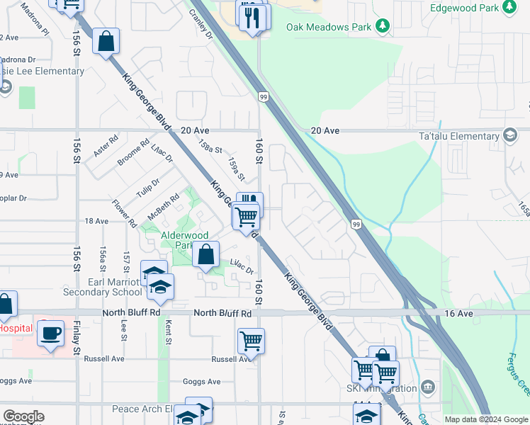map of restaurants, bars, coffee shops, grocery stores, and more near 1840 160 Street in Surrey