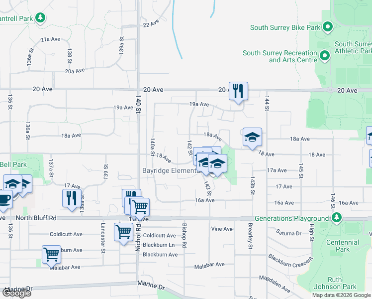 map of restaurants, bars, coffee shops, grocery stores, and more near in Surrey