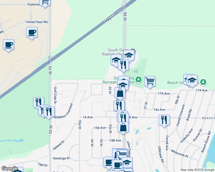map of restaurants, bars, coffee shops, grocery stores, and more near 1771 55 Street in Delta