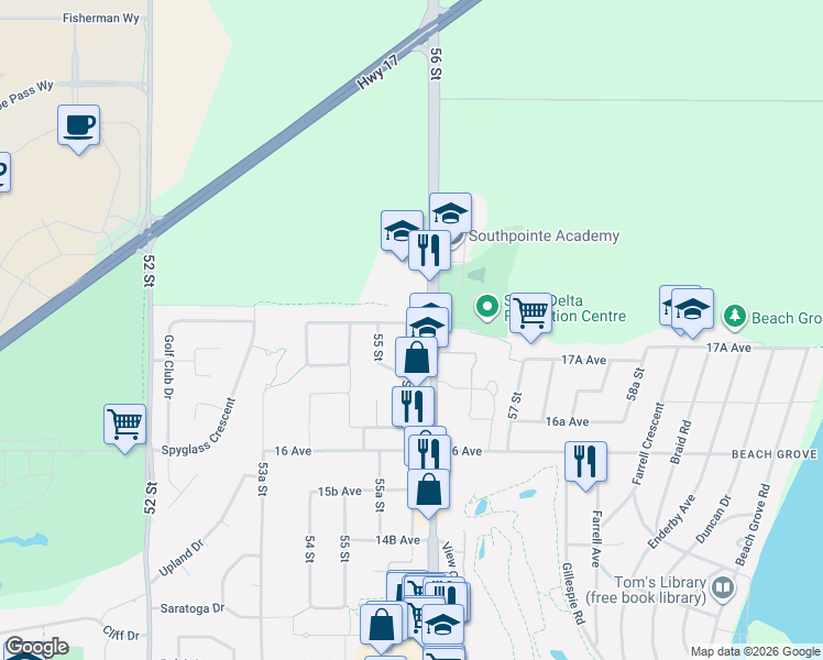 map of restaurants, bars, coffee shops, grocery stores, and more near 1768 55A Street in Delta