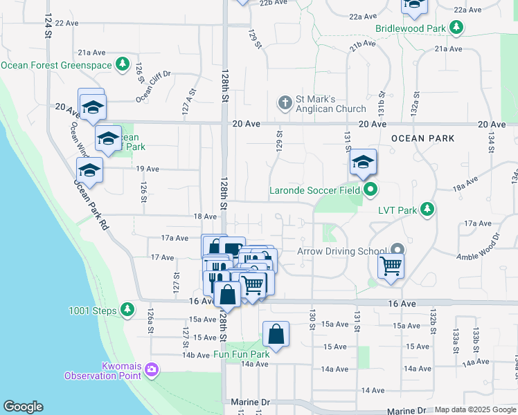 map of restaurants, bars, coffee shops, grocery stores, and more near 12878 18 Avenue in Surrey