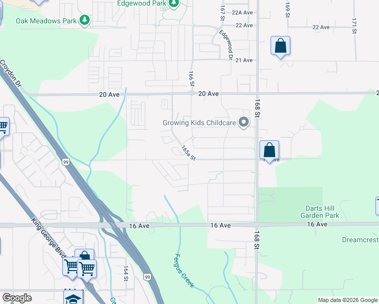 map of restaurants, bars, coffee shops, grocery stores, and more near 1810 165A Street in Surrey